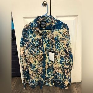 Acid wash jacket with a chicken on the back. Size large
